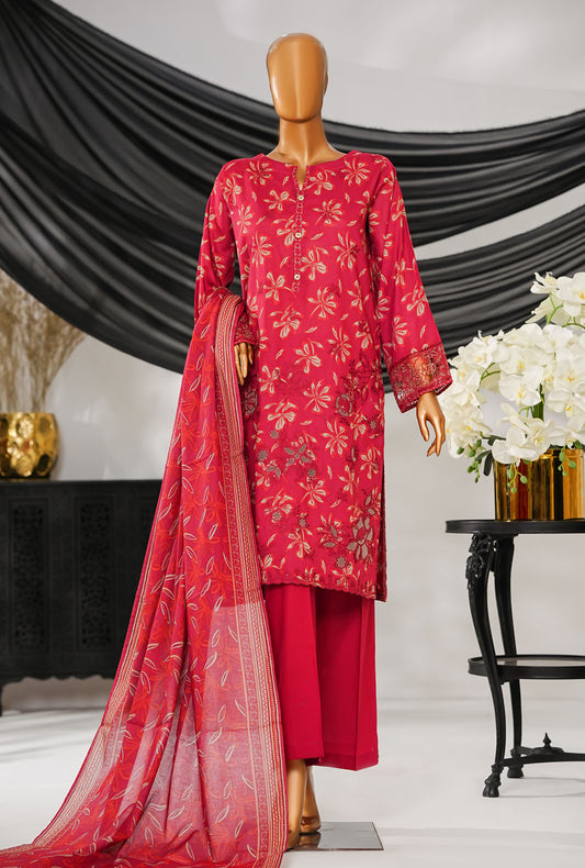 Thread & Needle by HZ Textiles Printed Cambric Suit Stitched 3 Piece POEL-3P-009 Beige Maroon