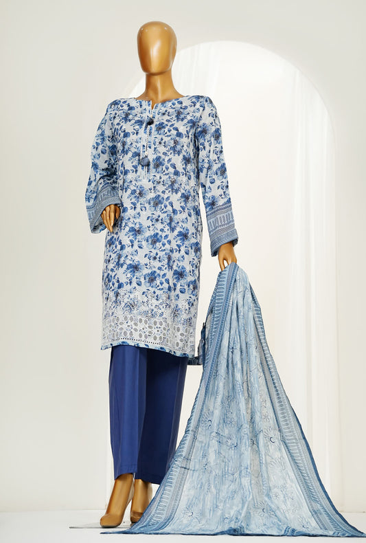 Printkari Prints by HZ Textiles Printed Suit Chikankari Stitched 3 Piece LPK-3P-501 Greyish Blue Vol-04 - Ready To Wear