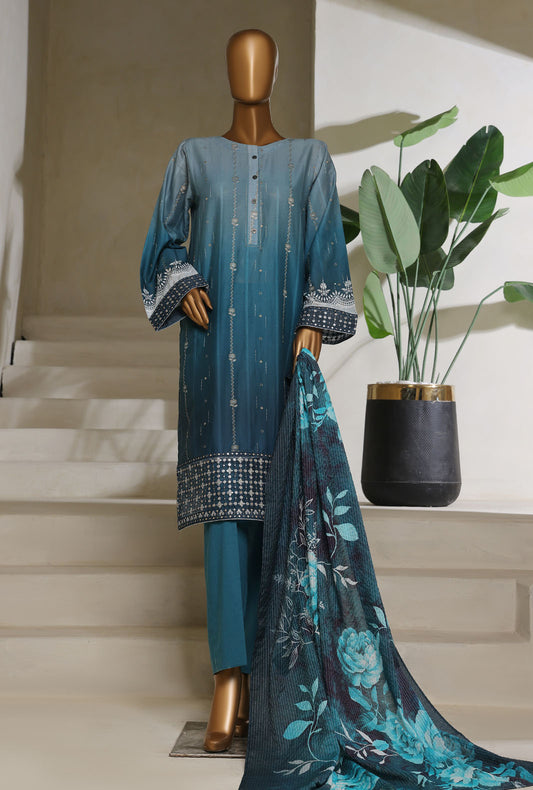 Ombre by HZ Textiles Printed Jacquard Suit Stitched 3 Piece PSJ-030 Silver Teal