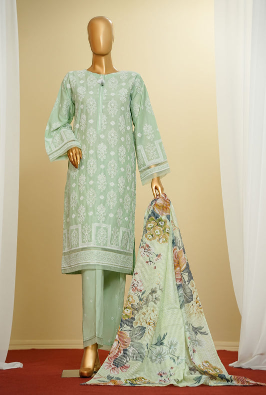 Traditional Vibes by HZ Textiles Embroiedered Suit Chikankari Stitched 3 Piece PWC-101 Dull Green