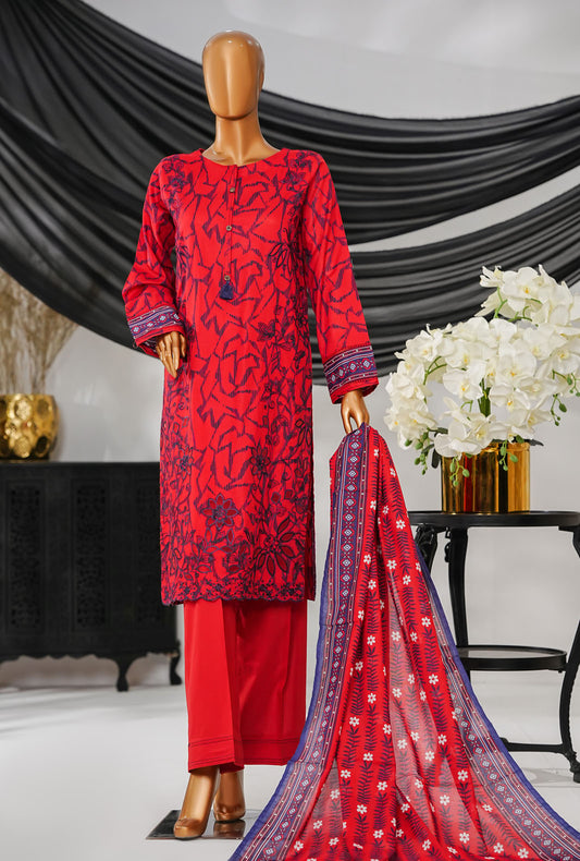 Thread & Needle by HZ Textiles Printed Cambric Suit Stitched 3 Piece POEL-3P-007 Red