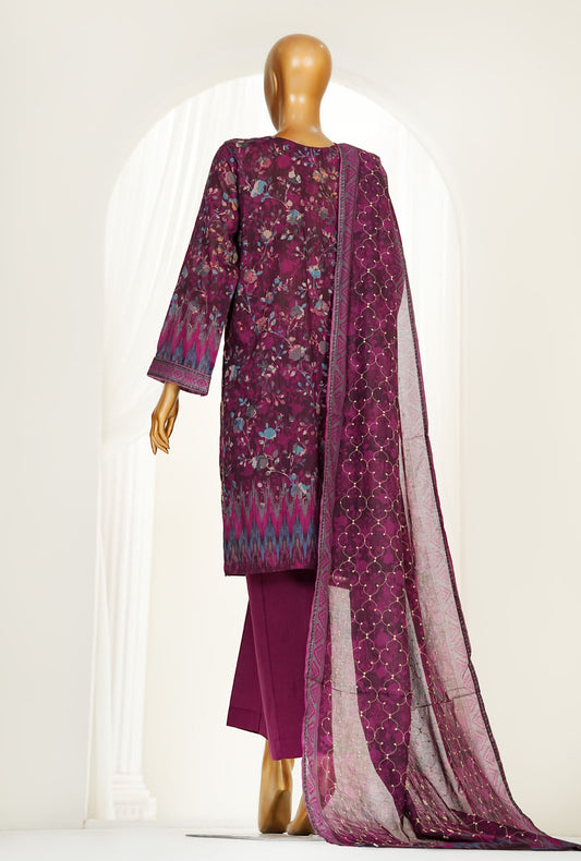 Printkari Prints by HZ Textiles Printed Suit Chikankari Stitched 3 Piece LPK-3P-505 Plum Vol-04 - Ready To Wear
