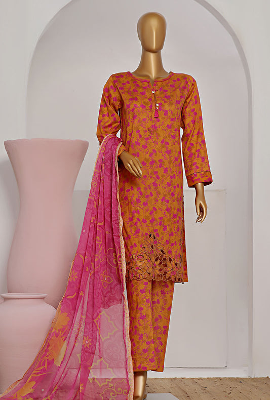 3 Piece Stitched Print & Needle Cutwork ECL-407 Orange Vol 02